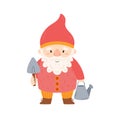 Garden Gnome With Watering Can and Spade in Hands Isolated on White Background. Cute Fairy Tale Character