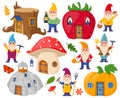 Garden gnomes characters and cute cartoon fairytale houses. Magic world gnomes mushroom and pumpkin houses vector Royalty Free Stock Photo