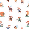Garden gnomes, dwarfs pattern. Seamless background with cute happy elfs, fall pumpkins. Texture design with repeating
