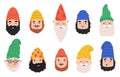 Garden gnomes emotions. Cute dwarf characters avatar, happy, funny and angry gnome faces. Dwarf fairy tale emoji mascots