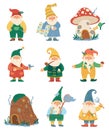 Garden gnomes. Fairytale dwarf elves characters and their houses. Cute mushroom elf house. Flat cartoon happy fairy tale Royalty Free Stock Photo