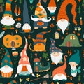 Garden gnomes family. Fairytale characters. Seamless pattern background