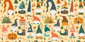 Garden gnomes family. Fairytale characters. Seamless pattern background