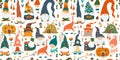 Garden gnomes family. Fairytale characters. Seamless pattern background