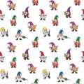 Garden gnomes seamless pattern. Cheerful little gnomes in cartoon style. Colorful vector fairytale kids illustration.