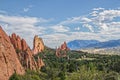 Garden of the Gods - jutting tall red eroded rock formations near Colorado Springs and Pikes Peak USA - View from distance with Royalty Free Stock Photo