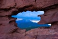 Garden of the Gods park Keyhole Window with Pikes Peak in Colorado Springs Royalty Free Stock Photo