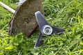 Garden grass trimmer blades and guard, close-up Royalty Free Stock Photo