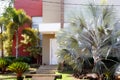 Garden with green plants, stairs, door and wall. Earthly house of modern architecture. Lifestyle with elegance and high standard.