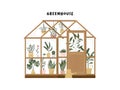 Garden with greenhouse or home gardening hand drawn flat vector illustration