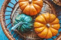 Different October pumpkins in a basket