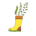 Garden gumboot illustration. T-shirt print design. Cute gardening sticker.