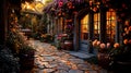 garden hidden behind an ivy-covered wall, with a wrought-iron gate, a variety of exotic flowers, and a magical, mystical