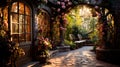 garden hidden behind an ivy-covered wall, with a wrought-iron gate, a variety of exotic flowers, and a magical, mystical