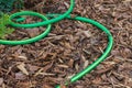 Garden hose on ground covered by natural bark Royalty Free Stock Photo