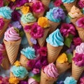 A garden of ice cream flowers, where colorful scoops bloom on ice cream cone stems1
