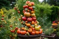Garden of Imagination: Heirloom Tomato Tower. A whimsical and playful arrangement of heirloom tomatoes