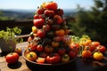 Garden of Imagination: Heirloom Tomato Tower. A whimsical and playful arrangement of heirloom tomatoes