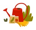 Garden Inventory with Watering Can and Seed Grains Vector Composition