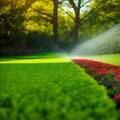 Garden irrigation system lawn. Automatic lawn sprinkler watering green grass. Selective focus. Generative Ai Royalty Free Stock Photo