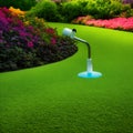 Garden irrigation system lawn. Automatic lawn sprinkler watering green grass. Selective focus. Generative Ai Royalty Free Stock Photo