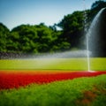 Garden irrigation system lawn. Automatic lawn sprinkler watering green grass. Selective focus. Generative Ai Royalty Free Stock Photo