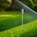 Garden irrigation system lawn. Automatic lawn sprinkler watering green grass. Selective focus. Generative Ai Royalty Free Stock Photo