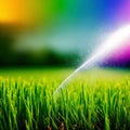 Garden irrigation system lawn. Automatic lawn sprinkler watering green grass. Selective focus. Generative Ai Royalty Free Stock Photo