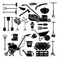 Garden items. Household agriculture equipment collection. Sprinkler and rake. Flowerpot with seedlings and grass. Hoe