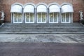 Garden,Jardins Joan Maragall and palace Albeniz,park montjuic,detail facade doors building Barcelona.