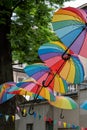 Garden of the Jewish Cultural Centre in Kazimierz, the historic Jewish quarter of Krakow, Poland with brightly coloured umbrellas. Royalty Free Stock Photo