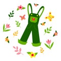 Garden jumpsuit. Spring set: butterflies, flowers, plants. Lettering Hello Spring. Flat design