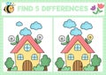 Garden kawaii find differences game for children. Attention skills activity with cute country house. Spring holiday puzzle for