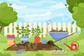 Garden landscape. Cartoon concept with spring and summer garden scene with tools and instruments for agriculture and Royalty Free Stock Photo