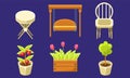 Garden Landscape Design Elements Set, Tulips in Wooden Box, Plants in Flower Pots, Chair, Swing Vector Illustration Royalty Free Stock Photo