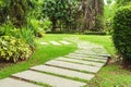 Garden landscape design with pathway intersecting bright green lawns and shrubs white sheet walkway in the garden