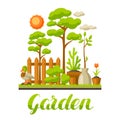 Garden landscape illustration with plants. Season gardening concept