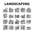 garden landscape lawn landscaping icons set vector