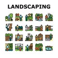 garden landscape lawn landscaping icons set vector