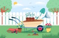 Garden landscape with tools. Gardening elements composition, outdoor works, horticultural inventory, wheelbarrow with