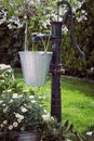 Garden landscaping with old cast iron water pump Royalty Free Stock Photo