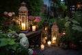 garden with lanterns, candles, and fresh blooms for warm and peaceful atmosphere