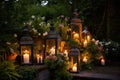 garden with lanterns, candles, and fresh blooms for warm and peaceful atmosphere