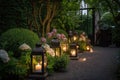 garden with lanterns, candles, and fresh blooms for warm and peaceful atmosphere