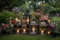 garden with lanterns, candles, and fresh blooms for warm and peaceful atmosphere