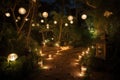 garden with lanterns, string lights, and candle lanterns for romantic nighttime setting Royalty Free Stock Photo