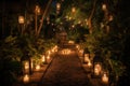 garden with lanterns, string lights, and candle lanterns for romantic nighttime setting Royalty Free Stock Photo