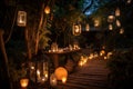 garden with lanterns, string lights, and candle lanterns for romantic nighttime setting Royalty Free Stock Photo