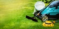 garden lawn care tools and equipment for perfect green grass. copy space Royalty Free Stock Photo