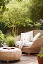Garden lounge, outdoor furniture and countryside house patio decor in a country cottage style, generative ai